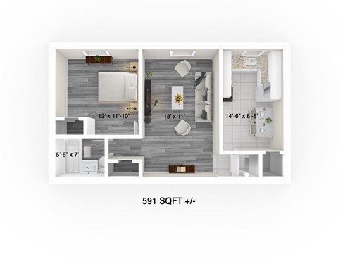 Floor plan for 1 bed, 1 bath, 591 sqft